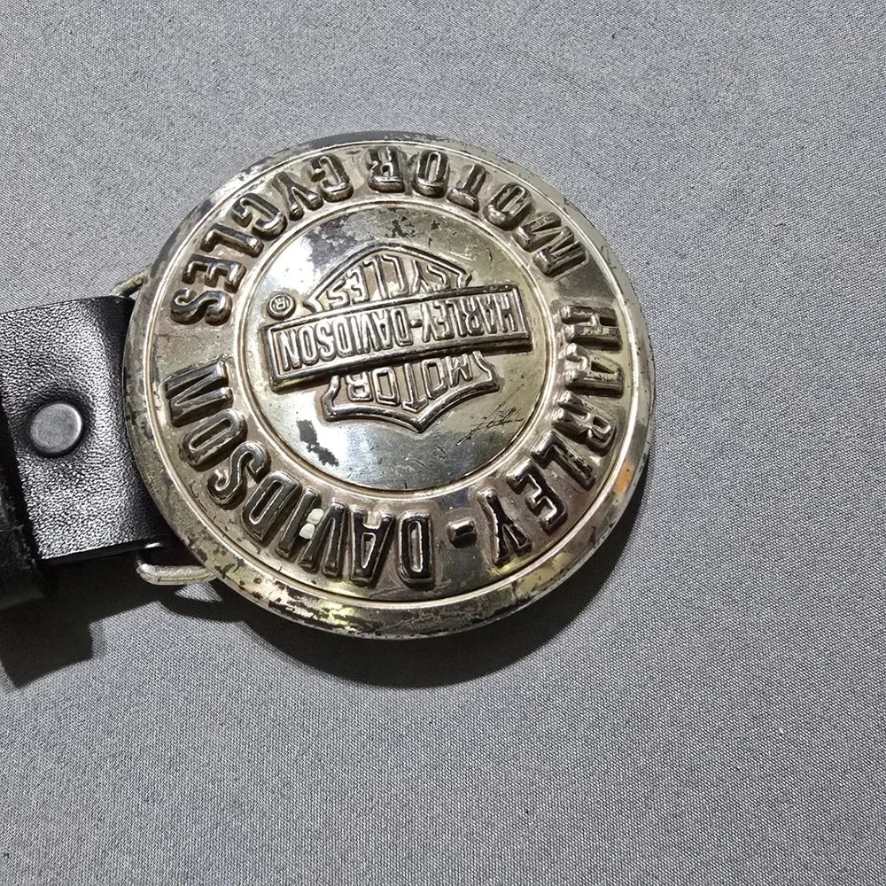 Harley Davidson Belt Mens 34 Black Leather Whipstitch Medallion Buckle 99545